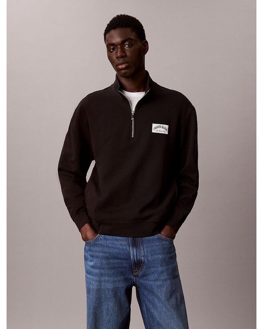 Calvin Klein Blue Cotton Terry Quarter Zip Sweatshirt for men