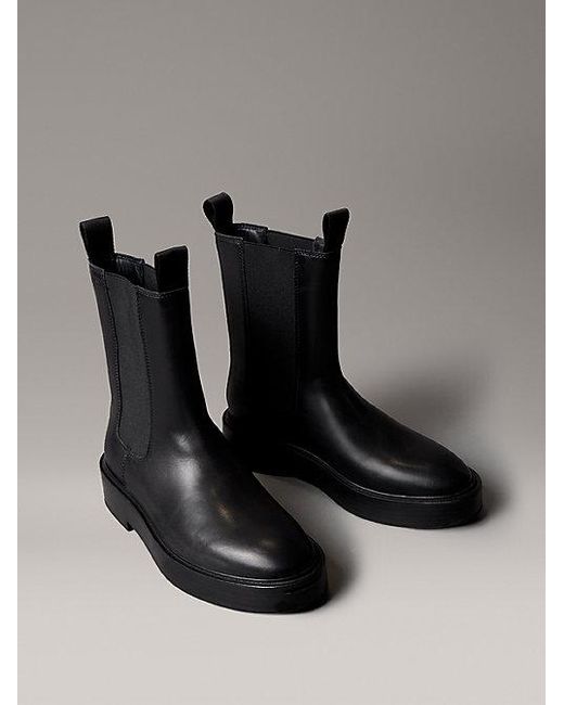 Calvin Klein Black Jeans Leather Stacked Heel Chelsea Boots