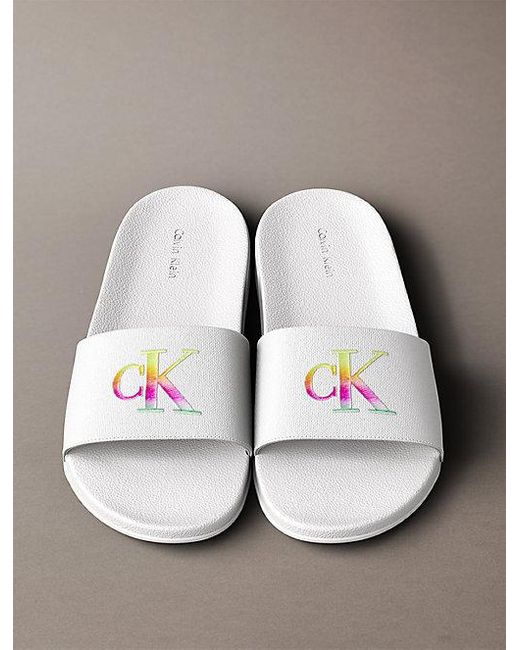 Calvin Klein White Canvas Contoured Logo Sliders Pride