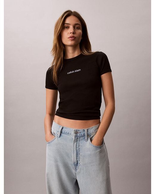 Calvin Klein Black Ribbed Embroidered Logo T-Shirt