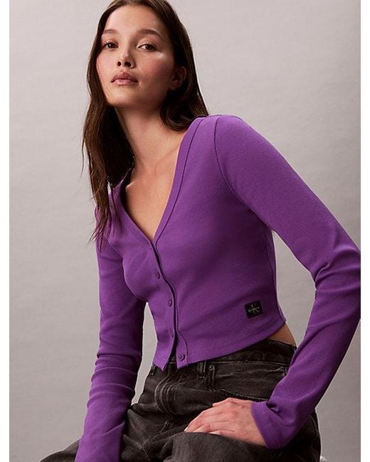 Calvin Klein Purple Jeans Cropped Ribbed Cotton Cardigan