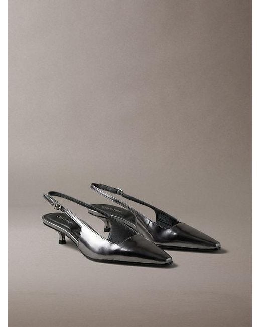 Calvin Klein Gray Metallic Leather Kitten Heel Slingbacks