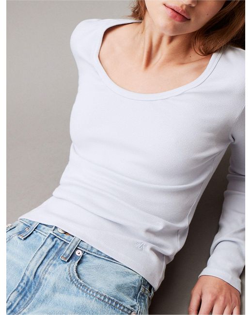 Calvin Klein Blue Cotton Contour Rib Slim Fit Long Sleeve T-shirt