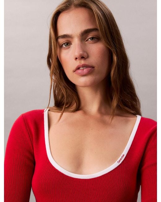 Calvin Klein Red Cotton Blend Classic Scoopneck Jumper
