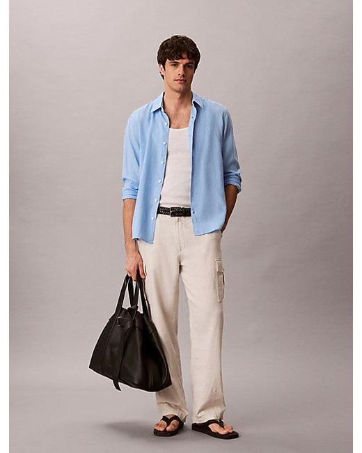 Calvin Klein Blue Solid Linen Blend Classic Shirt for men