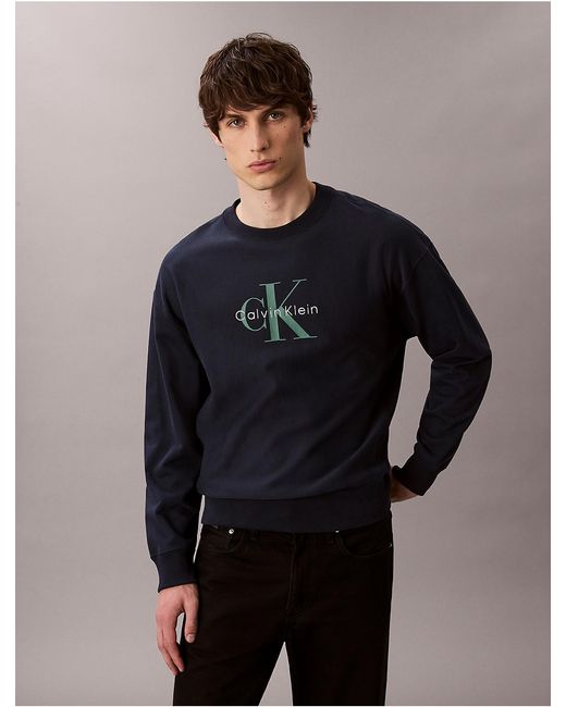 Calvin Klein Blue Calvin Klein Premium Terry Monogram Logo Relaxed Sweatshirt for men