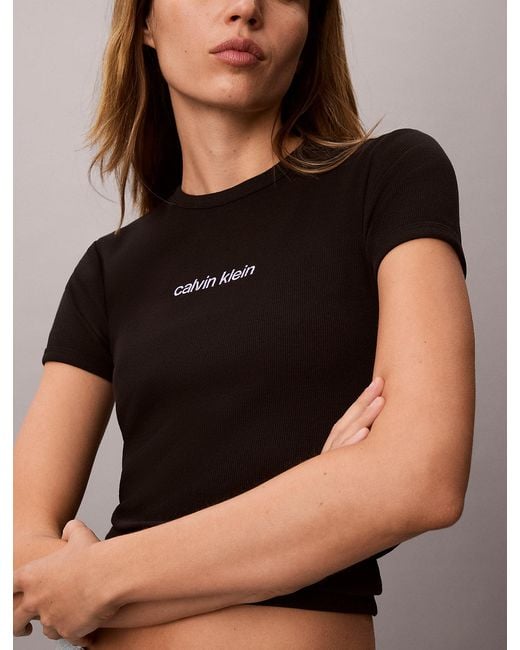 Calvin Klein Black Ribbed Embroidered Logo T-Shirt