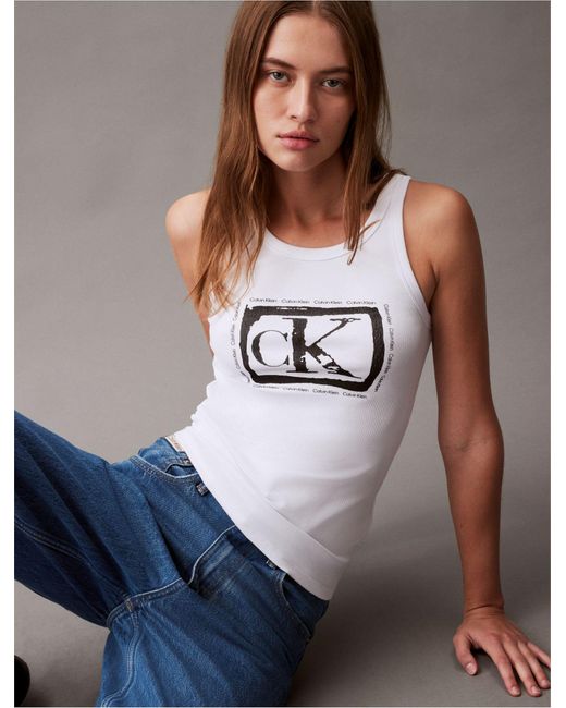 Calvin Klein Gray Contour Rib Monogram Logo Tank