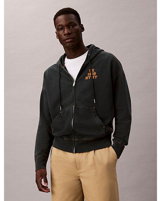 Calvin Klein Brown Jeans Washed Fleece Logo Graphic Relaxed Hoodie for men