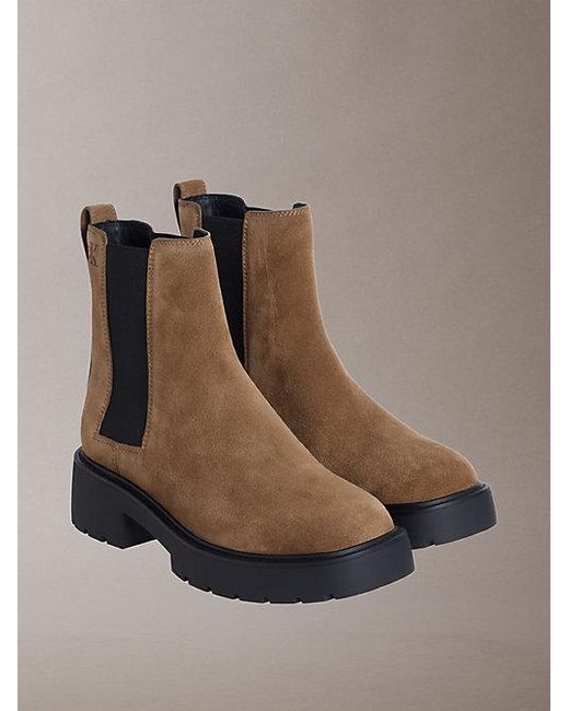 Calvin Klein Brown Jeans Suede Chunky Square Toe Chelsea Boots