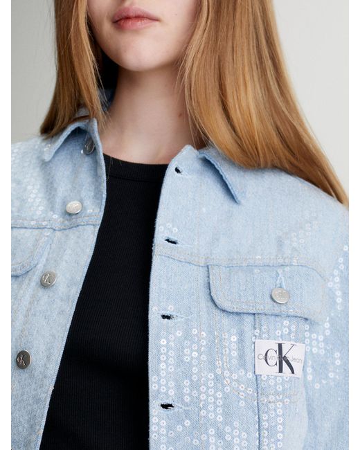 Calvin Klein Blue Cropped Sequin Denim Jacket