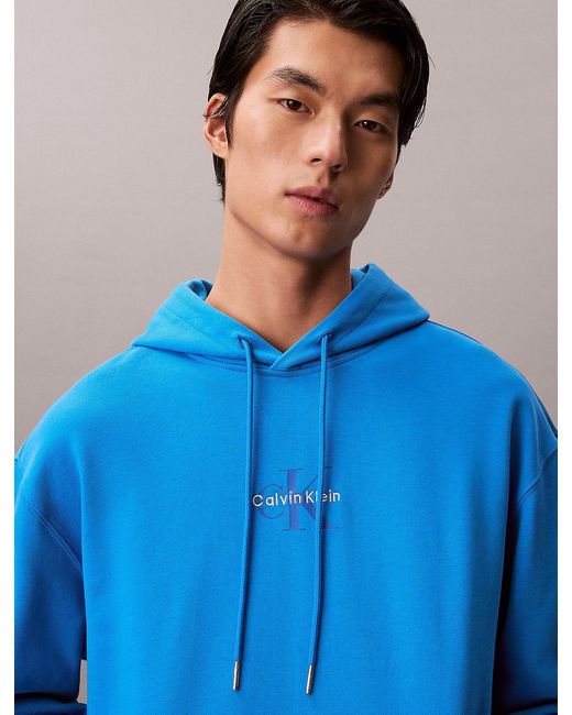Calvin Klein Blue Cotton Terry Monogram Hoodie for men