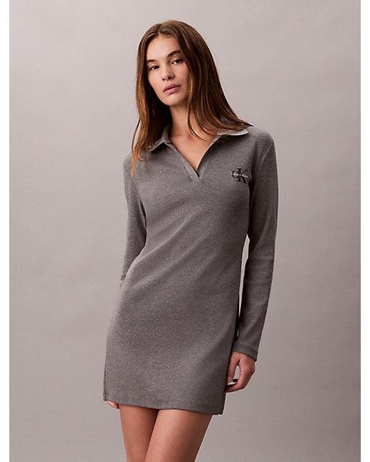 Calvin Klein Gray Jeans Slim Ribbed Cotton Polo Dress