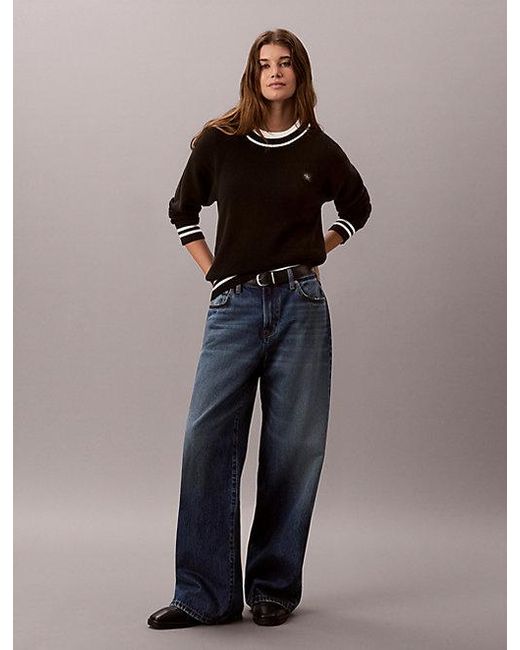 Calvin Klein Black Jeans Cotton Knit Stripe Trim Jumper