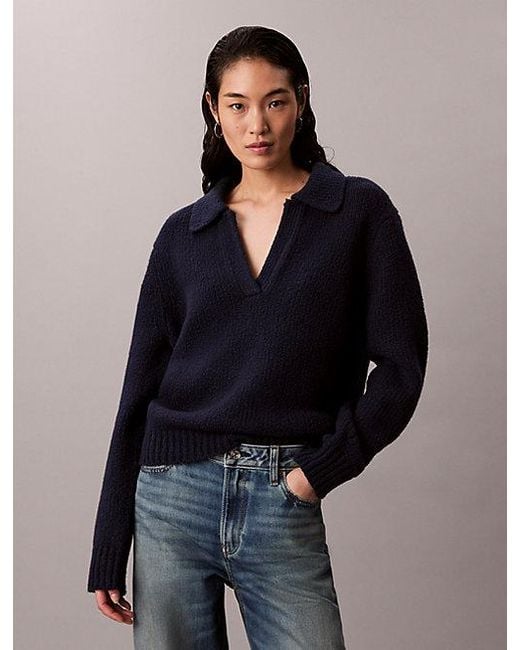 Calvin Klein Blue Jeans Merino Wool Boucle Polo Jumper
