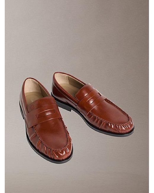 Calvin Klein Brown Theo Leather Pleated Penny Loafers for men