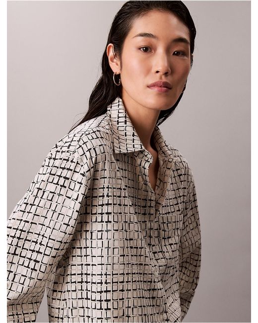 Calvin Klein Natural Printed Tencel Blend Roll Tab Shirt