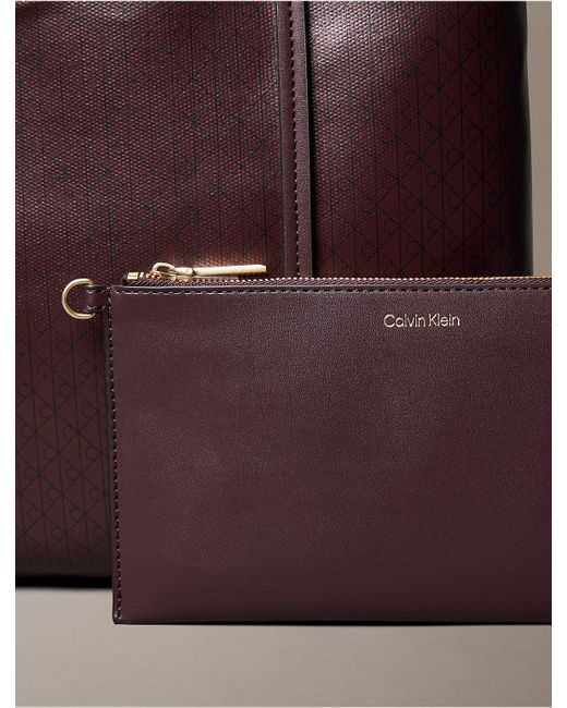 Calvin Klein Brown Allover Monogram Logo Small Tote Bag With Pouch