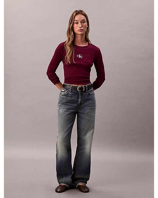 Calvin Klein Red Jeans Monologo Long Sleeve Rib Baby Tee