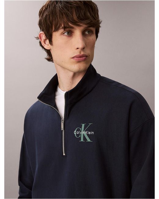 Calvin Klein Blue Calvin Klein Monologo Premium Terry Quarter Zip Sweatshirt for men