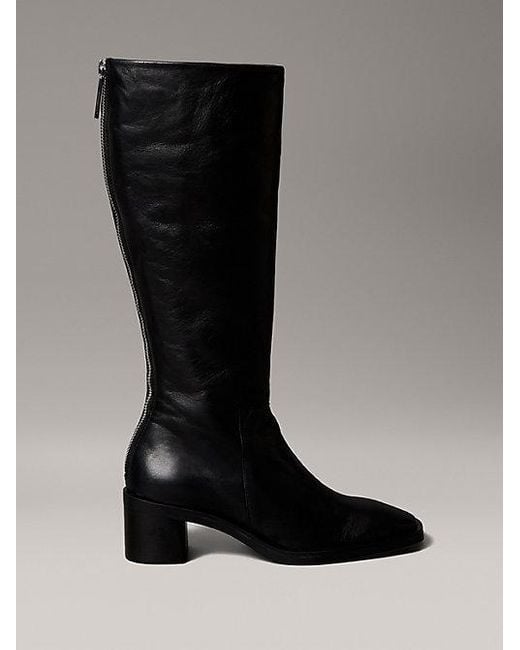 Calvin Klein Black Leather Square Toe Zip Knee Boots