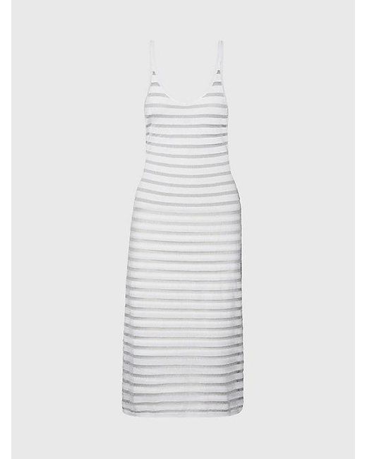 Calvin Klein White Transparentes gestreiftes Strick-Strandkleid