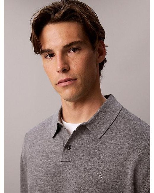 Calvin Klein Gray Merino Wool Polo Jumper for men