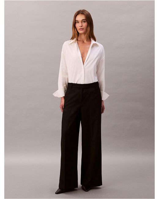 Calvin Klein Black Wool Gabardine Wide Leg Trouser