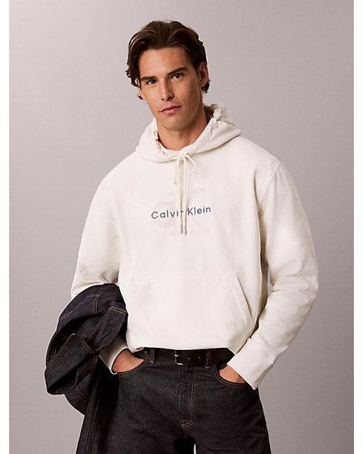 Calvin Klein White Jeans Premium Terry Denim Logo Hoodie for men