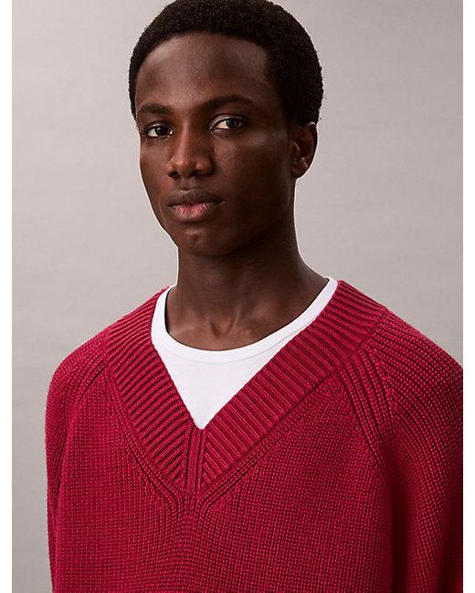Calvin Klein Red Wool Blend V Neck Jumper for men