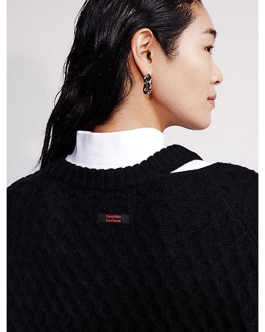 Calvin Klein Black Merino Wool Cable Knit Relaxed Jumper