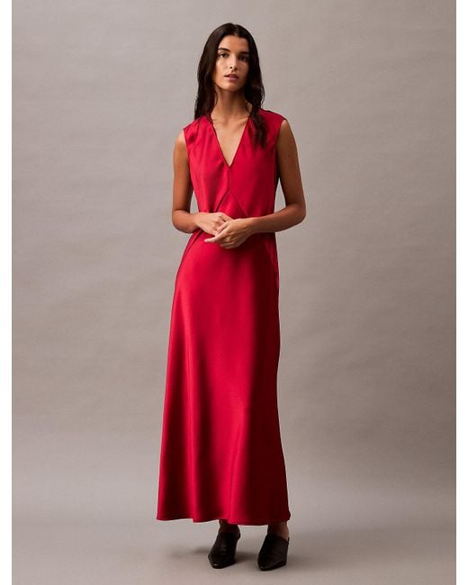 Calvin Klein Sleeveless Satin V-Neck Dress in Red | Lyst UK