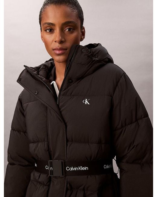 Calvin Klein Brown Logo Belt Hooded Puffer Jacket