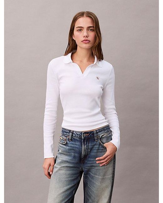 Calvin Klein Blue Jeans Woven Monologo Rib Collared Top