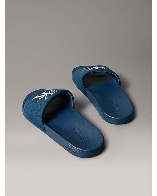 Calvin Klein Blue Canvas Contoured Logo Sliders for men