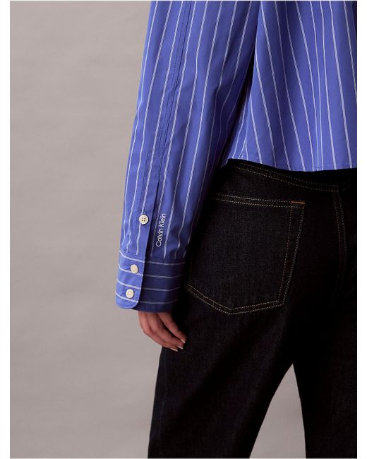 Calvin Klein Blue Stripe Cropped Boxy Button-Down Shirt