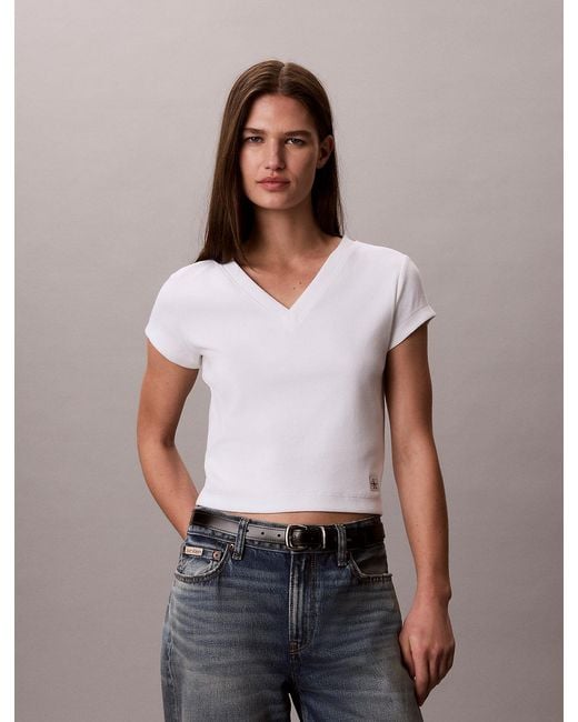 Calvin Klein White Ribbed Cotton V-Neck T-Shirt