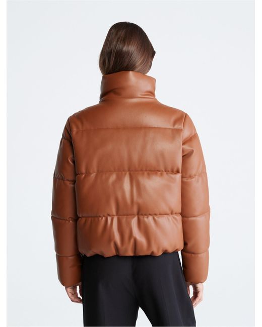 Calvin Klein Brown Faux Leather Puffer Jacket