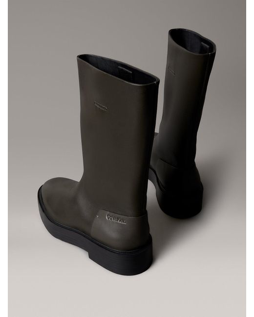 Calvin Klein Black Leather Stacked Heel Boots