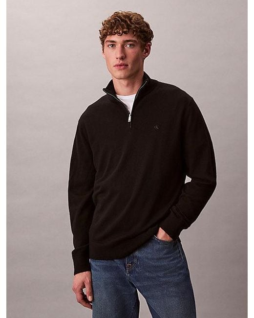 Calvin Klein Black Merino Wool Quarter Zip Jumper for men