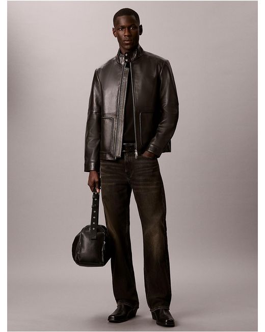 Calvin Klein Brown Lamb Leather Zip Jacket for men
