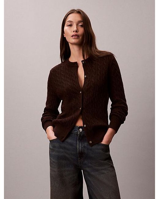 Calvin Klein Brown Jeans Merino Wool Blend Cable Cardigan