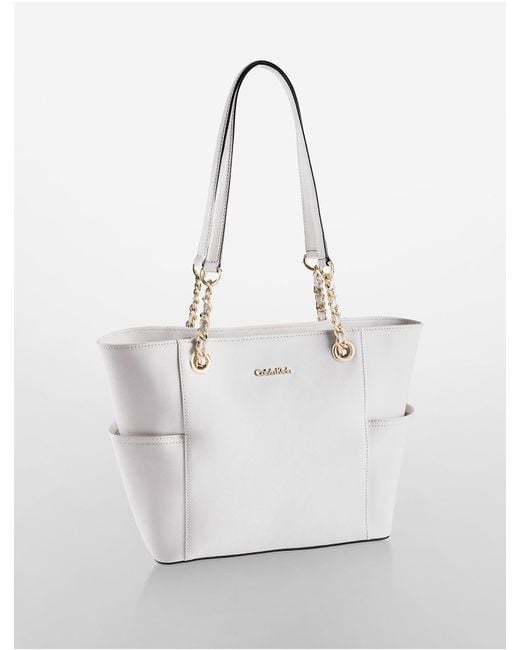 Calvin Klein White Saffiano Leather Chain-trimmed Tote Bag