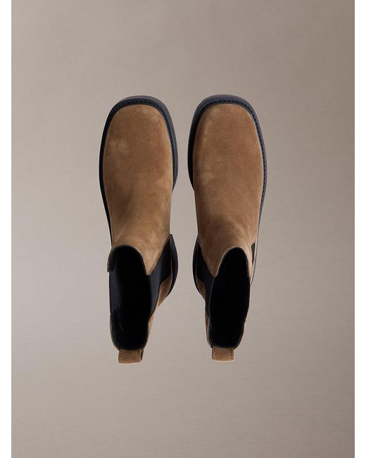 Calvin Klein Brown Suede Chunky Square Toe Chelsea Boots