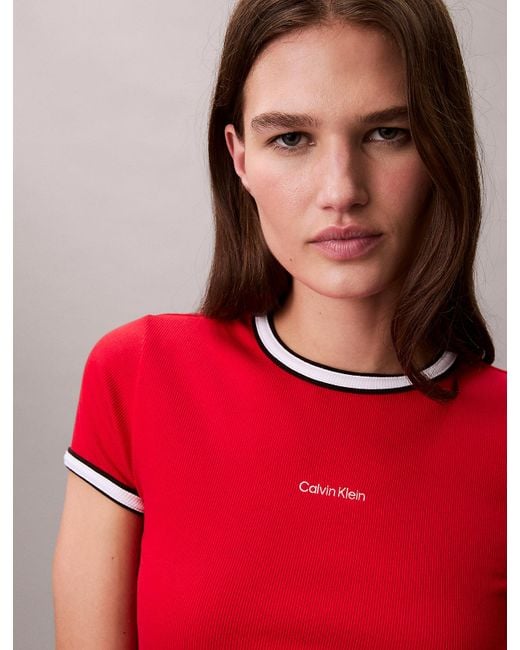 T-Shirt Da Neonato Con Logo Grafico A Coste Con Bordi A Contrasto di Calvin Klein in Red