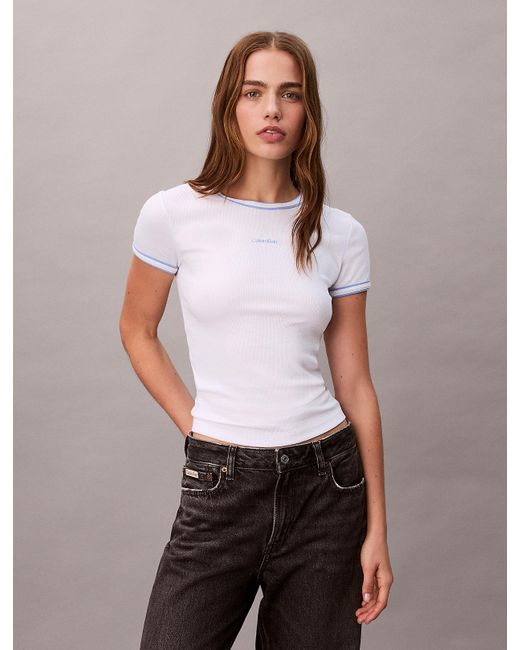 T-Shirt Da Neonato Con Logo Grafico A Coste Con Bordi A Contrasto di Calvin Klein in White
