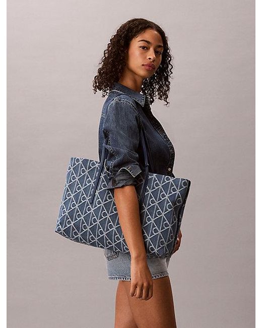 Calvin Klein Blue Large Denim Jacquard Tote Bag With Pouch