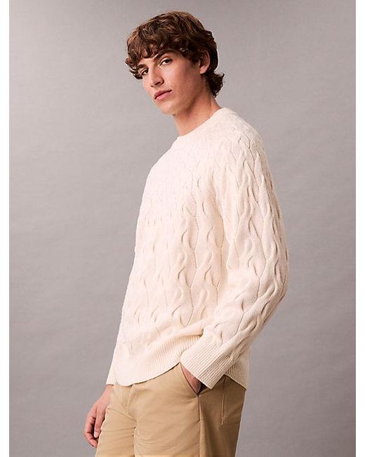 Calvin Klein Brown Lambswool Blend Cable Knit Crewneck Jumper for men