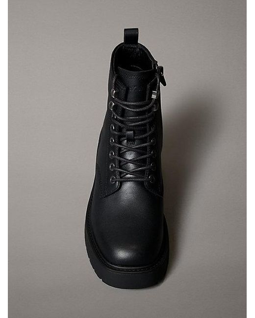 Calvin Klein Black Jeans Leather Chunky Heeled Lace Up Boots