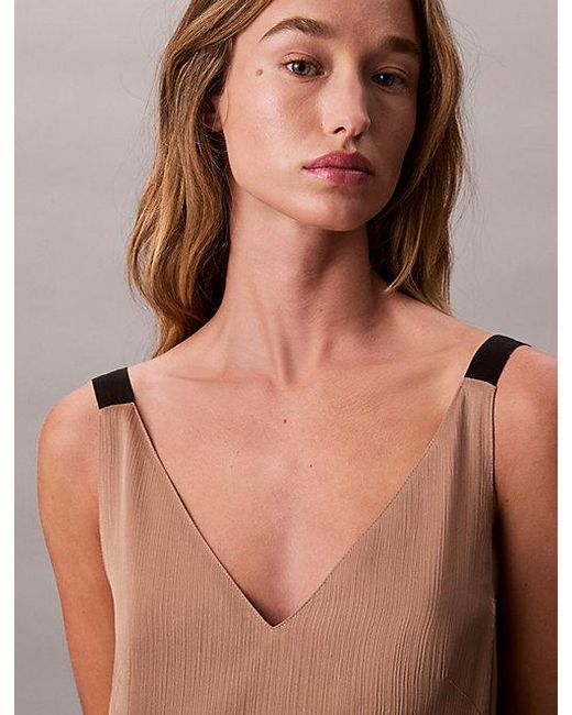 Calvin Klein Brown Jeans Crinkle Satin V Neck Slip Dress